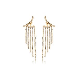 Brinco ear jacket franja cristais ouro semijoia E10064