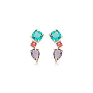 Brinco ear cuff zircônia colorida ouro semijoia E220314