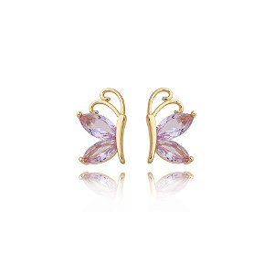Brinco borboleta zircônia lilás ouro semijoia 22a03005