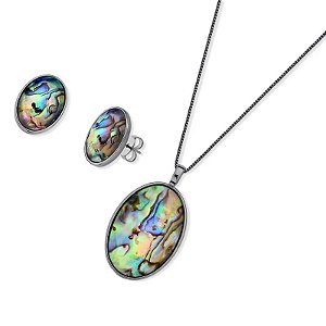 Colar e brinco oval pedra natural abalone ródio semijoia