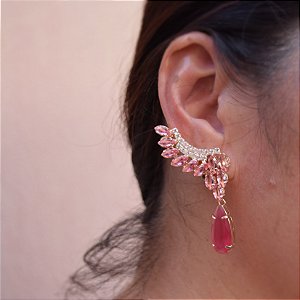 Brinco ear cuff cristais rosa ouro semijoia