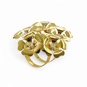 Anel ajustável flores zircônia ouro semijoia