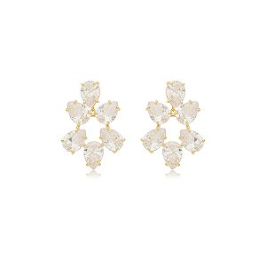 Brinco gotas zircônias cristal ouro semijoia 2966