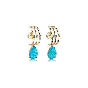 Brinco ear hook cristal fusion azul ouro semijoia