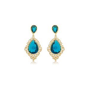 Brinco Nino Bran gota cristal azul teal ouro semijoia