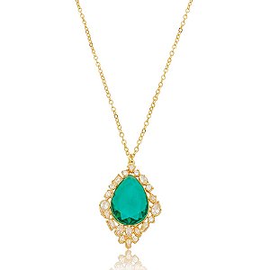 Colar Nino Bran corrente gota cristal verde ouro semijoia