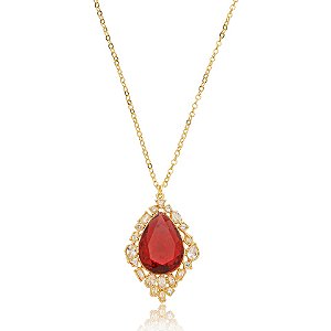 Colar Nino Bran corrente gota cristal vermelho ouro semijoia