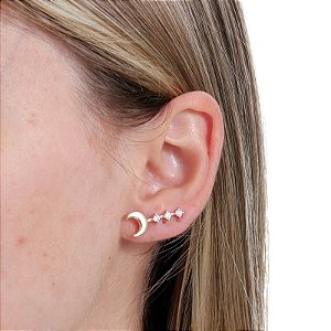 Brinco ear cuff estrela e lua zircônia ouro semijoia