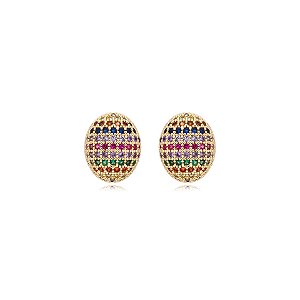 Brinco oval zircônia colorida ouro semijoia