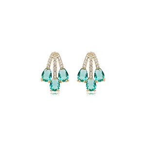 Brinco gotinhas zircônia cristal turmalina ouro semijoia
