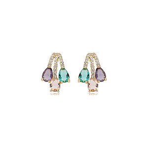 Brinco gotinhas zircônia cristal colorido ouro semijoia