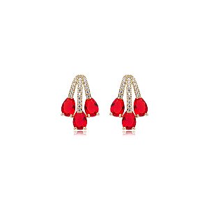 Brinco gotinhas zircônia cristal rubi ouro semijoia
