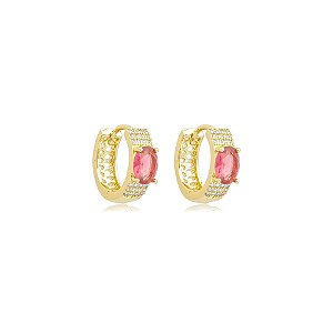 Brinco argolinha zircônia rosa ouro semijoia
