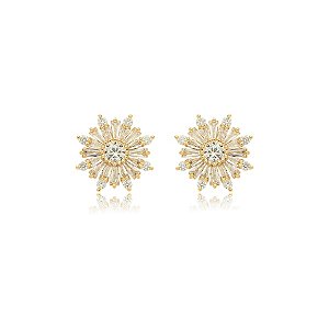 Brinco flor zircônia baguete ouro semijoia BA4847