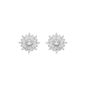 Brinco flor zircônia baguete ródio semijoia BA4847