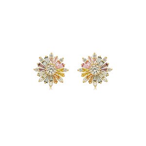 Brinco flor zircônia colorida baguete ouro semijoia