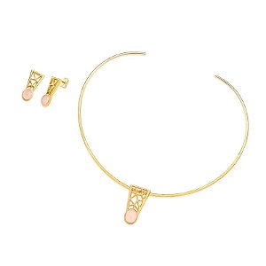 Colar aro e brinco pedra natural quartzo rosa ouro semijoia