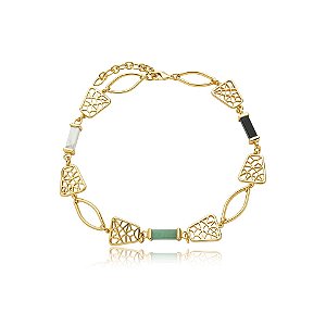 Colar choker pedras naturais howlita branca quartzo verde e ágata preta ouro semijoia