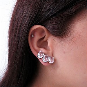 Brinco ear cuff cristais ovais rosa ródio semijoia 22a04035