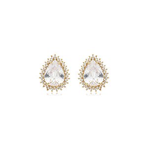 Brinco gota zircônia cristal ouro semijoia BA 4803