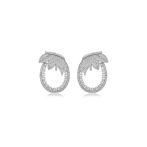 Brinco oval folhas zircônia ródio semijoia