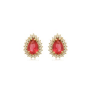 Brinco gota zircônia rosa ouro semijoia