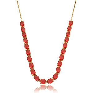 Colar choker gravatinha cristais rosa ouro semijoia XL 2124