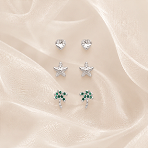Kit 3 Brincos em Prata 925 Coração, Estrela e Coqueiro com Zircônias