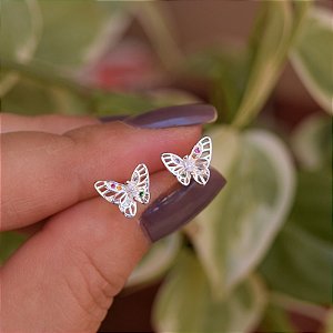 Brinco borboleta zircônia colorida prata 925