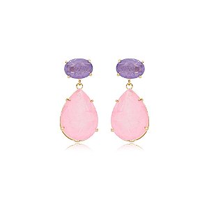Brinco gota cristal fusion tanzanita e rosa ouro semijoia