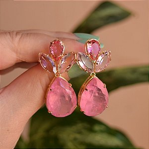 Brinco gota cristal rosa ouro semijoia