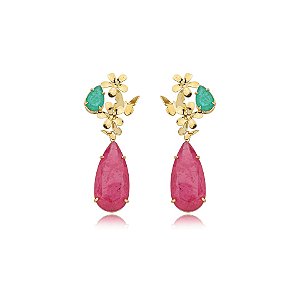 Brinco flor cristal fusion gota turmalina e pink ouro semijoia