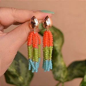 Brinco gota tassel cristais coloridos ouro semijoia