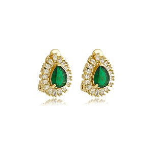 Brinco pressão gota zircônia verde esmeralda ouro semijoia
