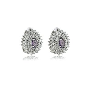 Brinco pressão gota zircônia roxo ródio semijoia