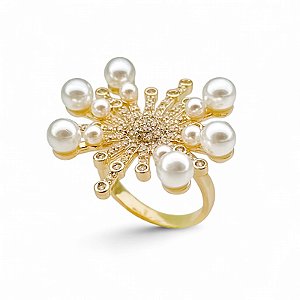 Anel pérolas zircônias ouro semijoia TZ-220415
