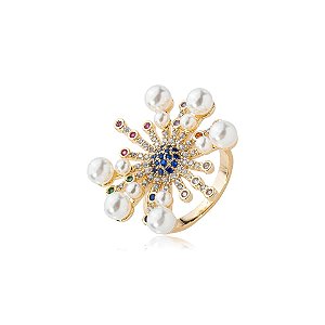 Anel pérolas zircônias coloridas ouro semijoia TZ-220415