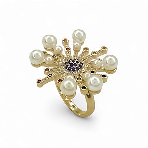Anel pérolas zircônias coloridas ouro semijoia TZ-220415
