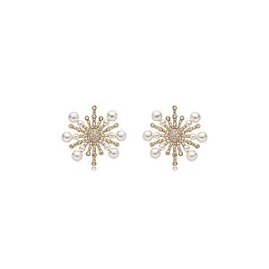 Brinco pérolas zircônias ouro semijoia TZ-220415