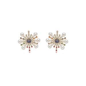 Brinco pérolas zircônias coloridas ouro semijoia TZ-220415