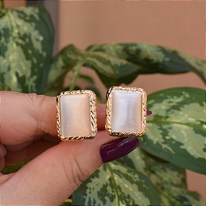 Brinco pressão retangular cristal olho de gato ouro semijoia