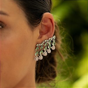 Brinco ear cuff maxi gota cristal turmalina menta ródio semijoia