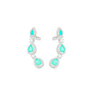 Brinco ear cuff gotas cristal fusion esmeralda colombiana ródio semijoia