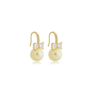Brinco gancho laço pérola dourada zircônia ouro semijoia BA 4920