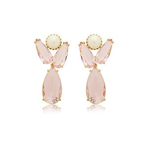 Brinco cristal rosa pérola ouro semijoia BA 5045