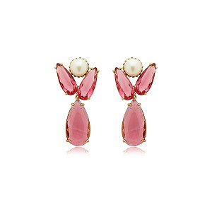 Brinco cristal pink pérola ouro semijoia BA 5045
