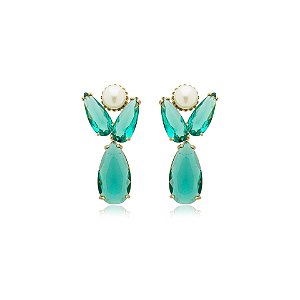 Brinco cristal verde pérola ouro semijoia BA 5045