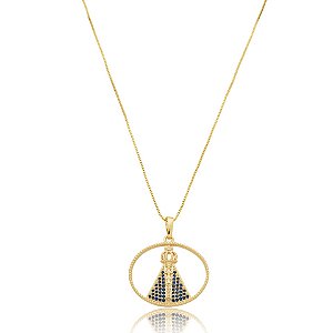 Colar Nossa Senhora Aparecida zircônia azul ouro semijoia XL 2202