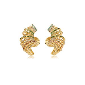 Brinco ear cuff aros  zircônias coloridas ouro semijoia BA 4934