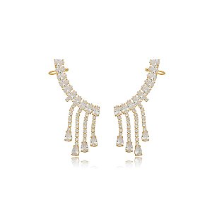 Brinco ear cuff gota franja zircônia ouro semijoia BA 5057